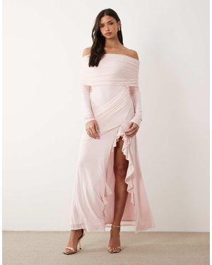 ASOS Mesh Bardot Maxi Dress With Drape And Ruffle Detail - Pink
