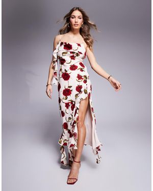 Love Triangle – gerafftes maxikleid mit rosenprint und rückenausschnitt - Weiß
