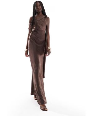 Six Stories Bridesmaid Bow One Shoulder Satin Maxi Dress - Brown