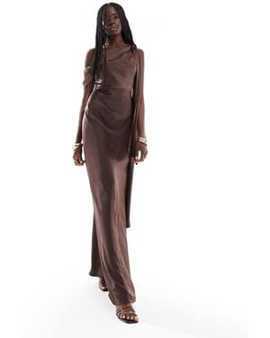 Six Stories Bridesmaid Bow One Shoulder Satin Maxi Dress - Brown