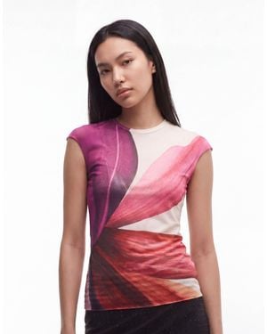 AFRM Nina Printed Mesh Cap Sleeve Crewneck Tee - Multicolor