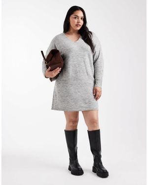 Pieces Plus Pieces Curve V-neck Mini Sweater Dress - Grey