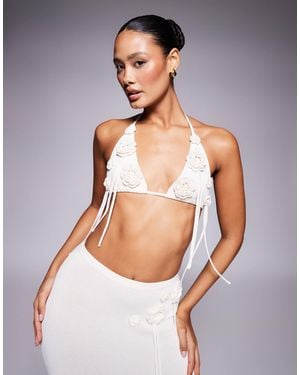 Wanderdoll Peony Knitted Corsage Tassel Detail Bralette Top Co-ord - White