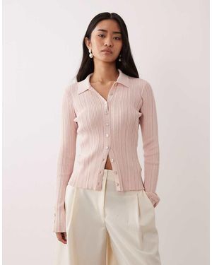 Pretty Lavish Geribbelde Top Met Lange Mouwen En Knoopsluiting - Roze
