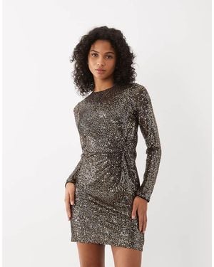 New Look Vestito Corto Con Paillettes, Nodo Davanti E Maniche Lunghe - Metallizzato
