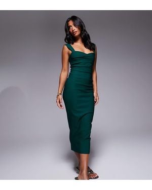 Vesper Petite Bengaline Sweetheart Neckline Ruched Front Midaxi Dress - Green