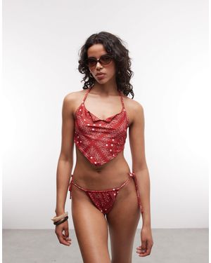 Collusion Bandana Print Tie Side Bikini Bottoms - Red