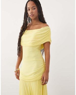 ASOS Mesh Off Shoulder Cinched Dropped Waist Maxi Dress With High Godet Detail - Yellow