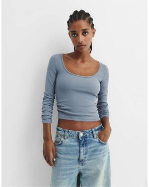 Pull&Bear Ribbed Long Sleeve T-shirt - Blue