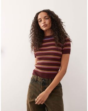 Monki Compact Rib Knit Short Sleeve Top - Red