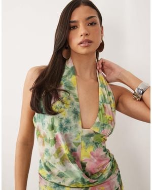 ASOS Printed Mesh Scarf Detail Halter Top - Multicolor