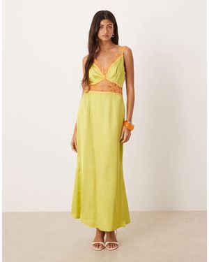 Never Fully Dressed Mimi Satin And Lace Trim Slip Midaxi Dress - Yellow