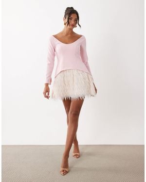 ASOS Structured Long Sleeve Mini Dress With Fringe Skirt - Pink