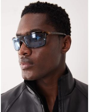 ASOS Wrap Sunglasses With Blue Lens And Tortoiseshell Frame - Black