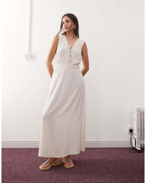 Reclaimed Vintage Maxi Linen Blend Sun Dress With Ruching And Ties - Natural