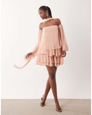 TFNC London Bardot Chiffon Lace Mini Dress With Scarf - Pink