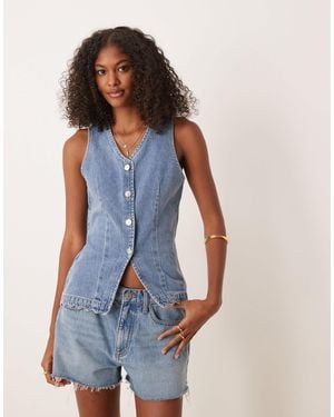 ASOS Denim Button Through Waistcoat With Scallop Hem - Blue