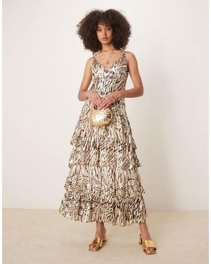 Finding Friday Metallic Printed Ruffle Strappy Shoulder Maxi Dres - Natural