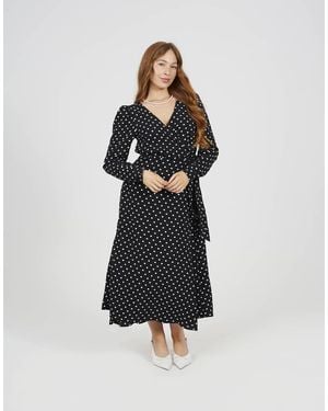 Brave Soul Polka Dot V-Neck Midi Dress - Black