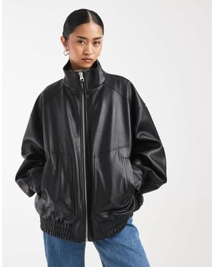 ASOS Oversized Leather Look Funnel Bomber Jacket - Black