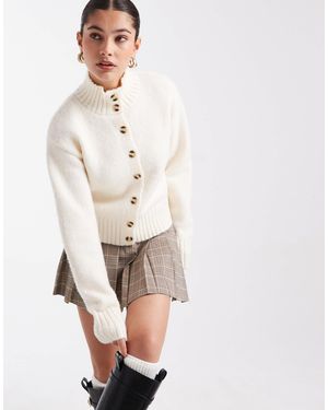 4th & Reckless Contains Wool Funnel Neck Button Up Ribbed Trim Cardigan - White