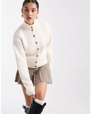 4th & Reckless Contains Wool Funnel Neck Button Up Ribbed Trim Cardigan - White