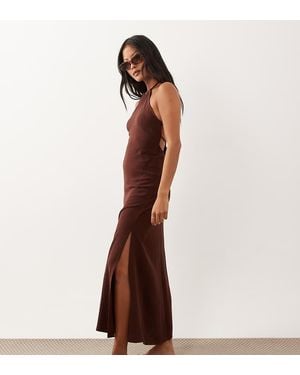 Miss Selfridge Maxi Jurk Van Linnenmix Met Halternek - Bruin