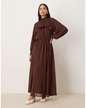 ASOS High Neck Ruffle Detail Chiffon Maxi Dress - Brown