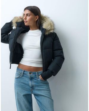 Hollister Cropped Puffer Jacket With Faux Fur Hood - Blue