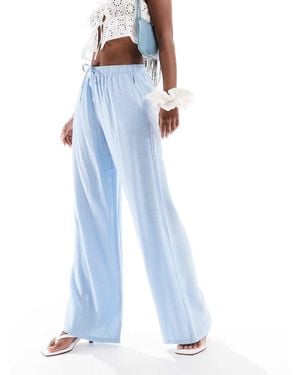 Stradivarius Linen Look Pull On Crinkle Trousers - Blue
