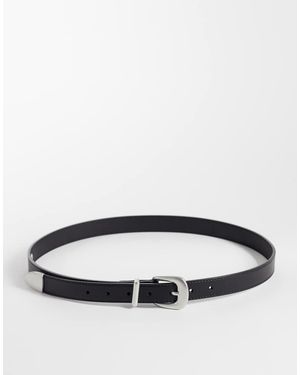 ASOS Cinturón Estrecho De Cuero Con Hebilla Curva Y Puntera Metálica En - Gris