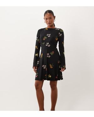 Nobody's Child Petite Stretch Slash Neck Fluted Sleeve Mini Skater Dress - Black