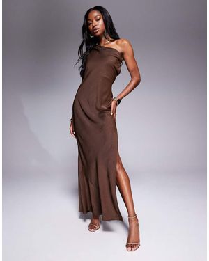 ASOS Satin Asymmetric Strap Midaxi Dress With Split - Brown