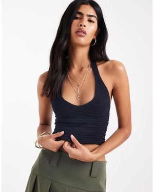 Stradivarius Knit Halterneck Crop Top - Blue