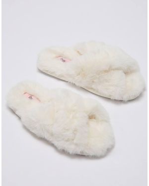 Boux Avenue Pantuflas Deslizantes Con Banda Cruzada, Punta Abierta Y Tejido Suave Tipo Peluche Para Estar Por Casa En-Neutro