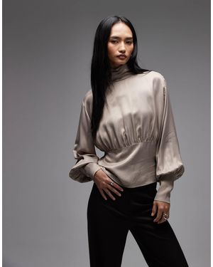 ASOS Satin High Neck Blouson Sleeve Blouse - Gray