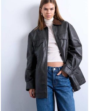 TOPSHOP Chaqueta Negra De Poliuretano Con Cintura Entallada Y Solapas De Pana En Contraste De - Gris