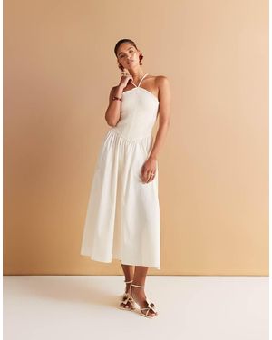 Mango Woven Halter Neck Bodice Dress With Volume A-line Skirt - Natural