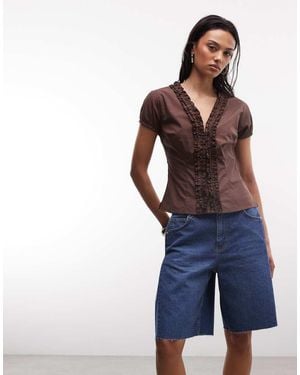 Collusion Frill Detail Short Sleeve Blouse - Blue