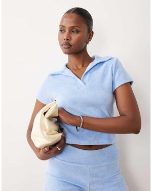 The Frolic Exclusive Towelling Contrast Seam Detail Collared Top Co-ord - Blue