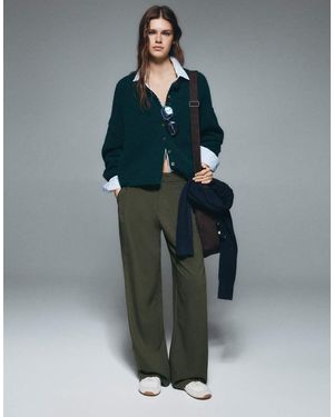 Pull&Bear Broek Met Wijde Pijpen En Figuurnaden - Groen