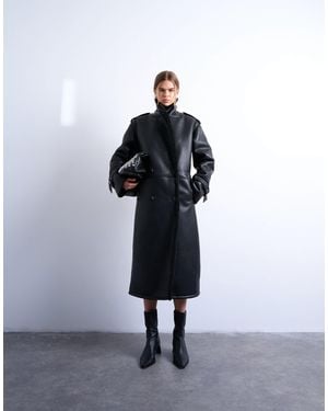 TOPSHOP Longline Oversized Aviator Teddy Coat - Black
