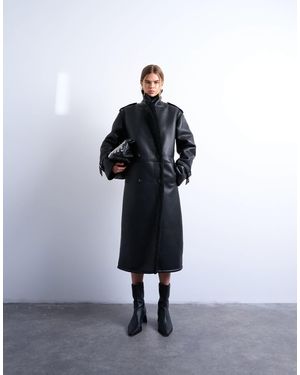 TOPSHOP Longline Oversized Aviator Teddy Coat - Black