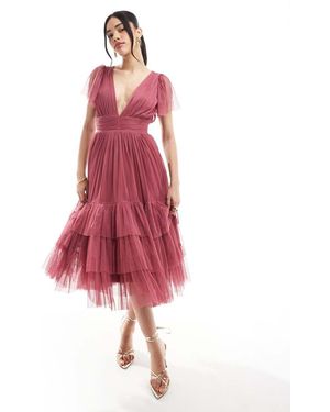LACE & BEADS Bridesmaid Madison Midi Dress - Red
