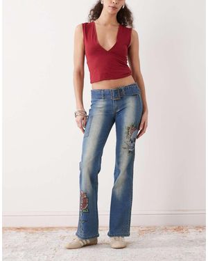 Ed Hardy Eyelet Belt Straight Leg Tattoo Patch Jean - Blue