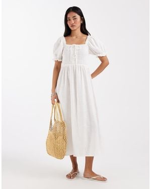 New Look Tie Front Shirred Midi Dress - White
