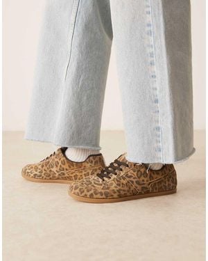 ASOS Diligent Slim Lace Up Trainers Leopard Suede - Natural