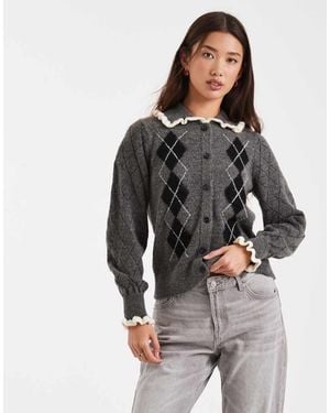 New Look Argyle Collar Cardigan - Grey