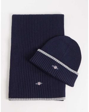 GANT Essential Shield Logo Beanie And Scarf Gift Set - Blue