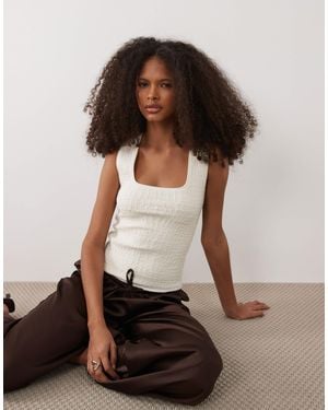 Mango Square Neck Textured Sleeveless Top - Brown